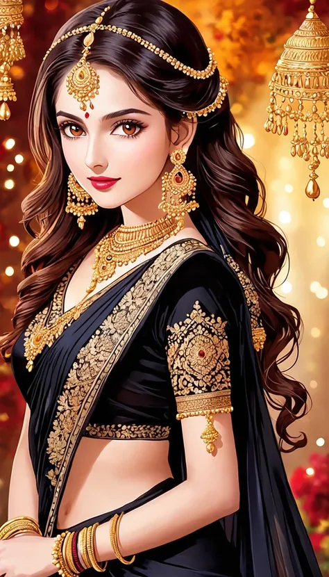 Hot young woman,black saree, long jhumki earrings, lipstick,