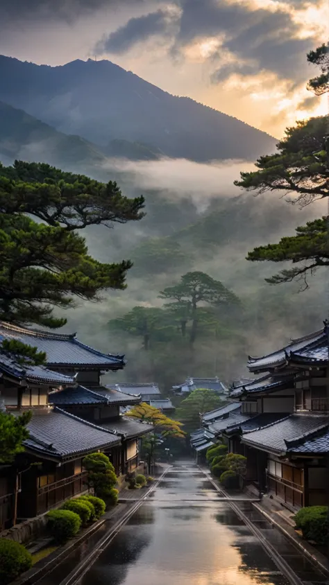 japan in rain with sunrise