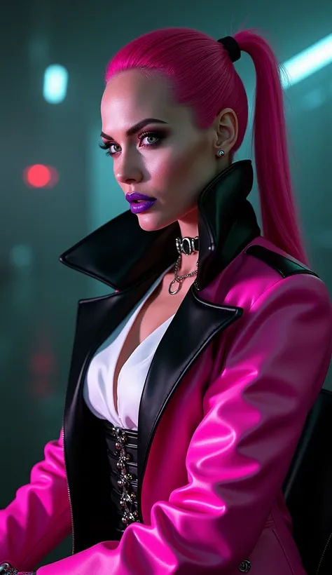 angelina jolie, vue de profil, latex brillant, dominatrice, chemisier en latex blanc, serre taille latex noir, costume longue jupe crayon en latex violet, ceinture latex noir, futuriste veste courte en latex rose fluo, larges épaulettes en latex rose fluo,...