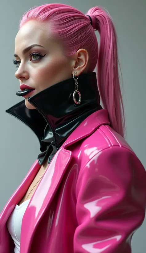 angelina jolie, vue de profil, latex brillant, dominatrice, chemisier en latex blanc, serre taille latex noir, costume pantalon en latex bleu, ceinture latex noir, futuriste veste courte en latex rose fluo, larges épaulettes en latex rose fluo, cuissardes ...