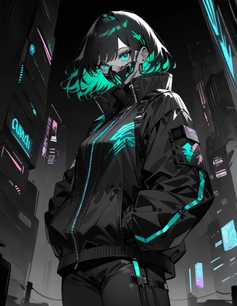 cyberpunk woman, cowboy shot, hand in pocket, dark green hair, cyberpunk mask, cyberpunk costume, jacket with neon lighting, mid...