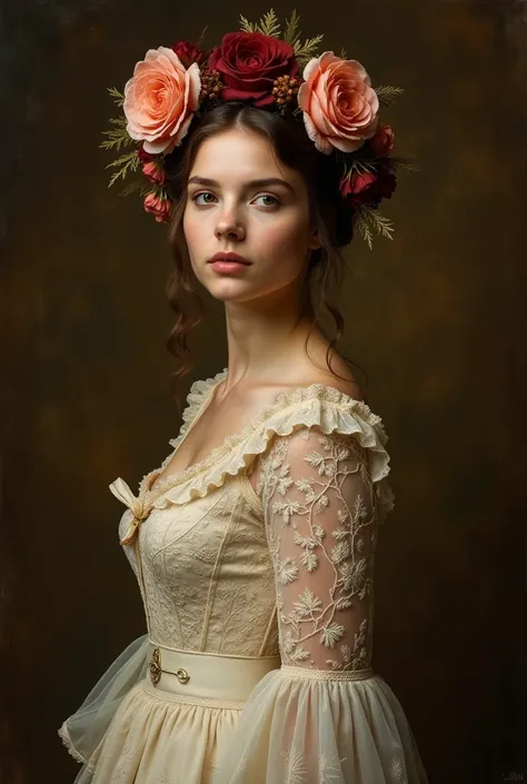 Rembrandts Garden | “The Artists"
- Fine art portrait, dark moody lighting
- Antique floral crown in autumn burgundy and coral
- Vintage cream lace dress
- Rich brown textured background
- Soft Rembrandt lighting pattern