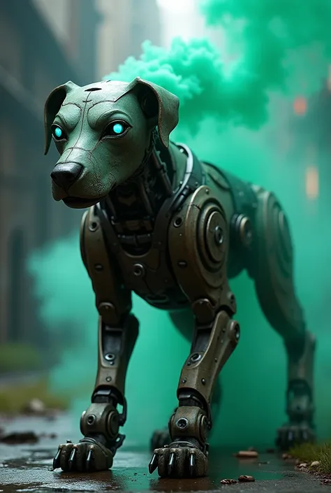 Robot iron dog with round blue eyes blasting green smoke through its mouth