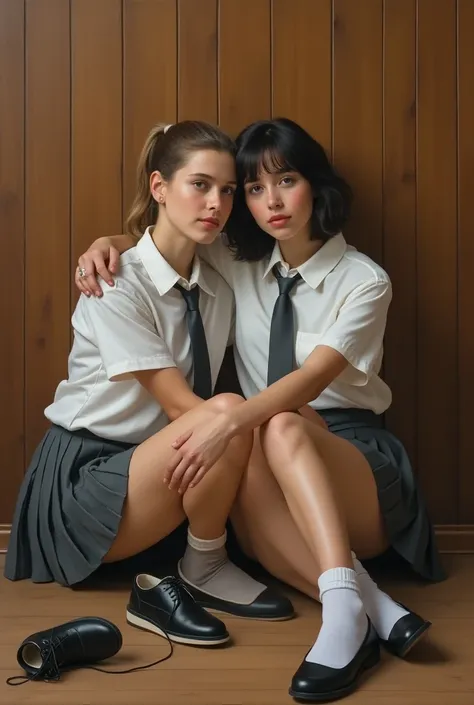 A photo-realistic oil painting of two pretty 18-year-old Caucasian women seated in a wood-panelled room. They are both wearing a loosely buttoned fitted white shirt; a dark-grey pleated tennis skirt; and plain-white knee-socks. They are not wearing shoes. ...