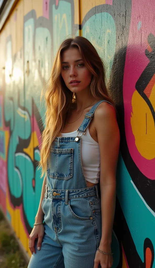 full body,cinematic realistically,a woman look at camera, long hair, overalls, waist, posing against a wall covered in artistic ...