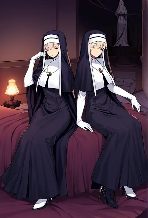 (2girls, couple) nun, long skirt, long over loose sleeves, white gloves, faceless, handless, nun outfits, 
cape covering whole b...