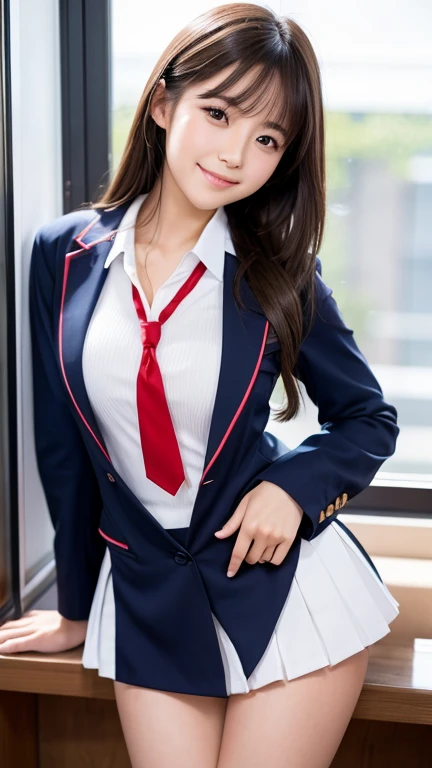  in the school classroom( high school girl sailor suit )Beautiful detailed portrait of an attractive young Japanese woman wearing,(Red ribbon tie),( navy blue blazer), cowboy shot, (focus on thighs), Long hair blowing in the wind, (ultra short white pleate...