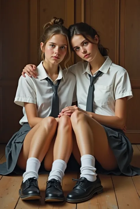 A photo-realistic oil painting of two pretty 18-year-old British Caucasian women seated in a wood-panelled room. They are both wearing a loosely buttoned fitted white shirt; a dark-grey pleated tennis skirt; and plain-white knee-socks. They are not wearing...