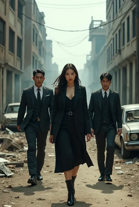 Professional photo of one korean girl in typical mafia fashion right and left Korean guys athletic body bodyguards walking gracefully between buildings2 looking damaged cars2 broken cars and thin puffs of smoke full body photo hd HDR 75k realsitis real cle...