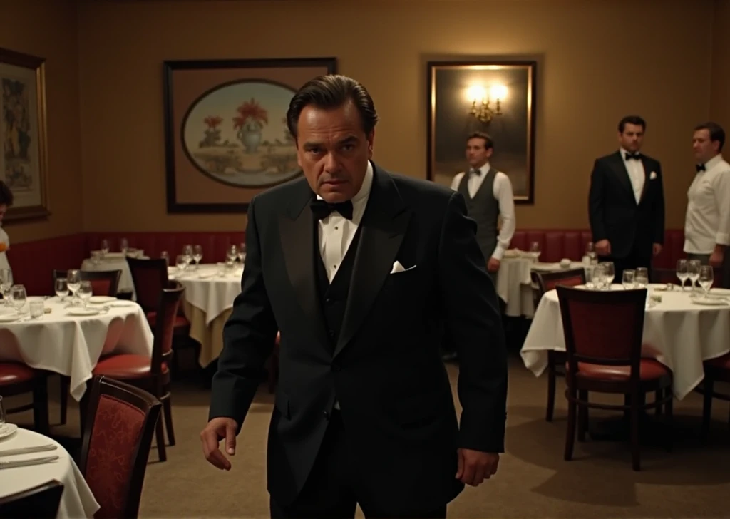 The scene in the restaurant, the solid heavy businessman Marlon Brando gets up from the table. In the background restaurant, waiters.