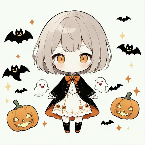 handicraft artwork,patchwork,cloth,button,Felt fabric,Embroidery thread,Handicrafts with a warm and gentle atmosphere,(Halloween,A girl in a Dracula costume smiles,fun,Chibi, full body, pumpkin,ghost silhouette,Bats),A dream-like sight,rustic colors,intric...