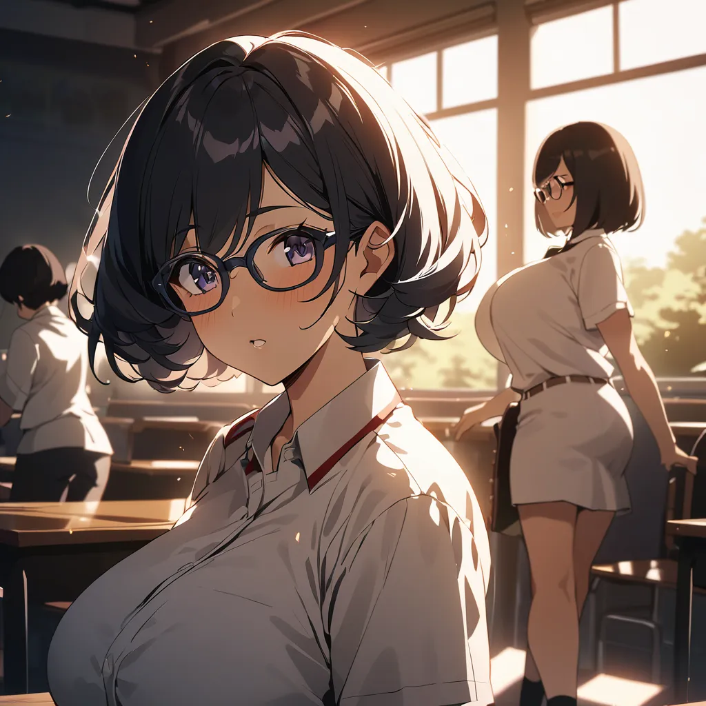 , anime girls, light skin, Mommy aura, black hair, short hair, wave hair, Eye glasses, huge breas , big thigs, Indonesia highschool Uniform, On school, Warm lighting, Dramatic lighting, Cinematic, 4K quality, Beautiful scenery, confidence expression