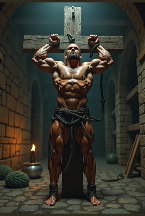 Very muscular teen bodybuilder tied to a St. Andrews cross in a large medieval cellar. Dsbrbrn rin cabbage basin with brand-iron.