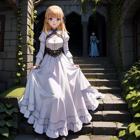 最 high quality、 high quality、８old girl princess、 climb the maze stairs、 long dress 、 is equipped with a dagger and shield、in a d...