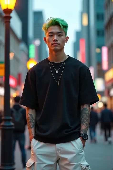 High resolution photo of a handsome 18 year old Korean young man with trendy green hair. He was standing next to a street lamp post. the light shining on the mens urban metropolitan buildings was clearly visible. The man was wearing a black short-sleeved s...