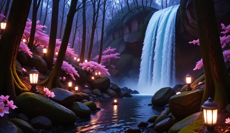 a magical forest with a waterfall in a deep night, surrounded by much much more flowers up and down the forest and flowery sakur...