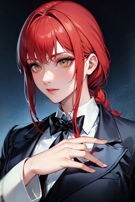 (best quality)、(best quality)、hand、expressionless、strong redhead 、suit、 braiding、 black tuxedo、envy