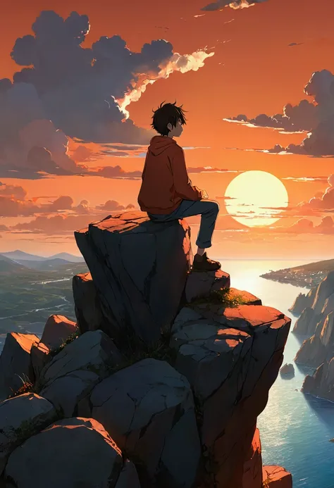 photography-anime"""anime-realistic approach!!! landscape!!!!! of a boy on a hill of rocks, edge of a cliff,empty!!!!! vast hellish orange sunset and red, empty!!!!, beautiful anime peace scene, Makoto Shinkai Cyril Rolando, anime art 8k wallpaper, utra-mi...