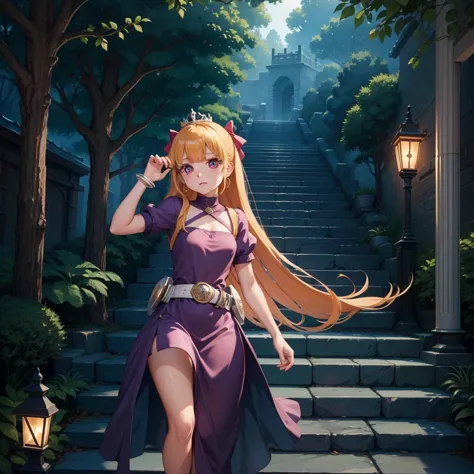 最 high quality、 high quality、８old girl princess、 climb the maze stairs、 long dress 、 is equipped with a dagger and shield、in a d...