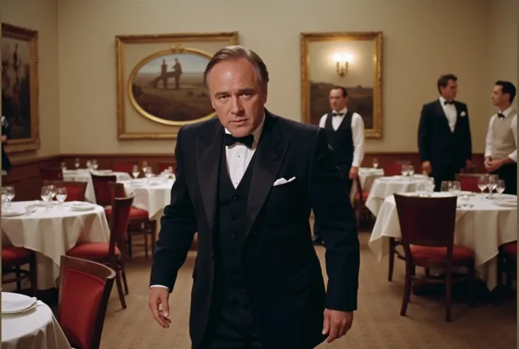 The scene in the restaurant, the solid heavy businessman Marlon Brando gets up from the table. In the background restaurant, waiters.