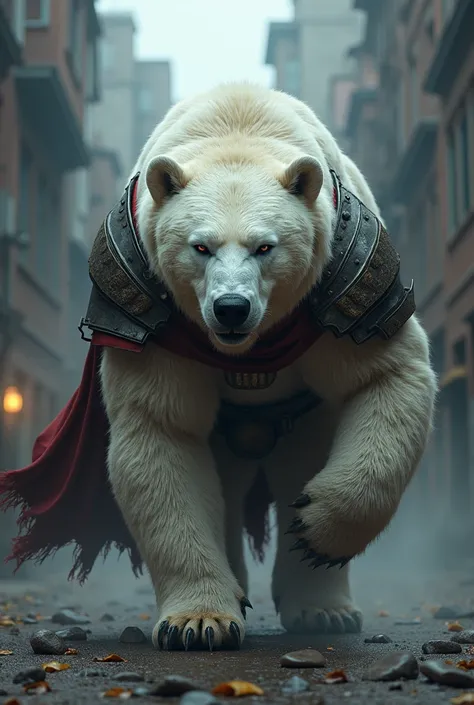 A white bear.The bears walking on front in dark background , and covered a vectory clothes and it wears a battle-worn armor,The urban environment in the background.hyper realistic creature 