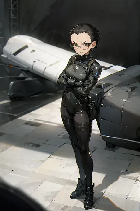 high quality, detailed, black urban camouflage leotard, grinning, frowning, girl, (forehead), (very short hair), glasses, black ...