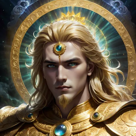 the god apolo with a figure with a dark aura and full of power . his golden hair appears dark ,  his eyes emit a piercing sharp ...