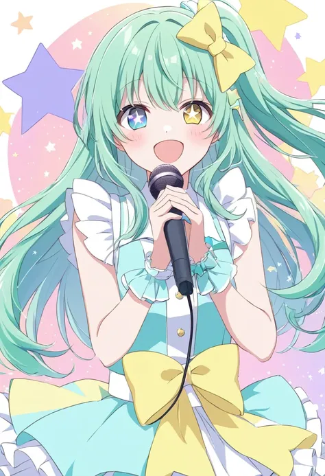 ((star-shaped_pupils symbol-shaped_pupils ai hoshino))、winking woman,hold the microphone, idol doing the concert,  pastel color ...