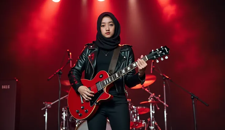 A real photo of a woman named Riri, Cleft chin, oval face, She  is   wearing black hijab covering her head and black rocker jacket, black pant, she is playing red electric guitar, play  rock metal song in stage, hee expression is seeious. Real human photo....