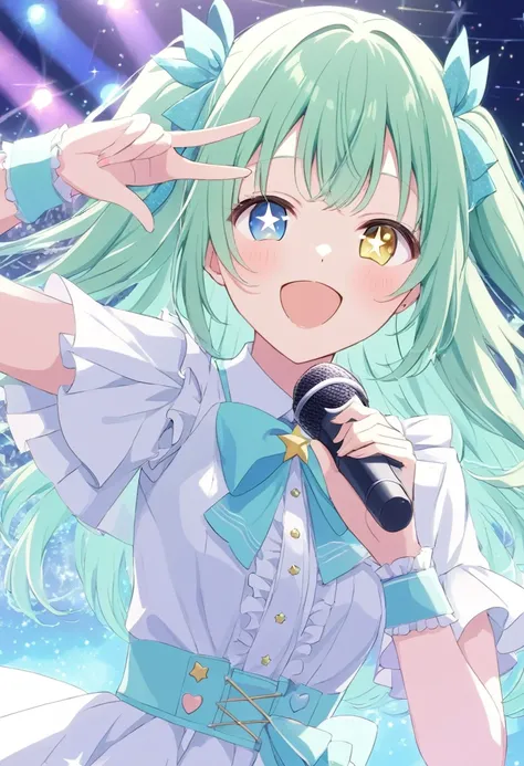 ((star-shaped_pupils symbol-shaped_pupils ai hoshino))、winking woman,hold the microphone, idol doing the concert,  pastel color ...