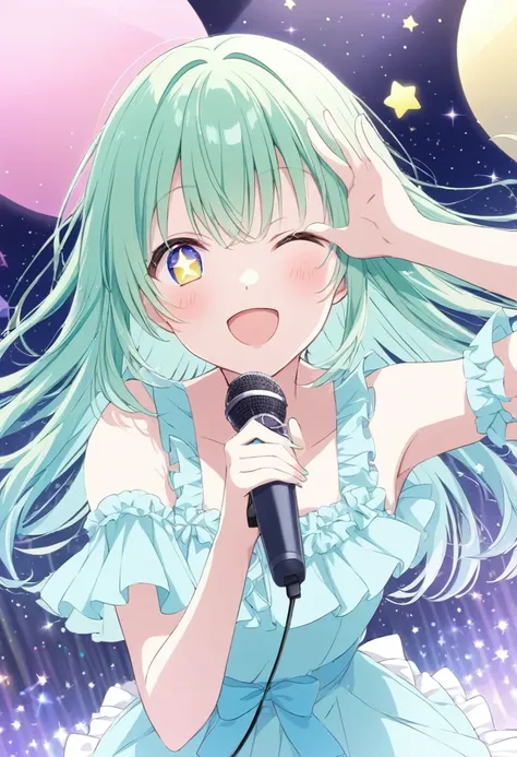 ((star-shaped_pupils symbol-shaped_pupils ai hoshino))、winking woman,hold the microphone, idol doing the concert,  pastel color ...