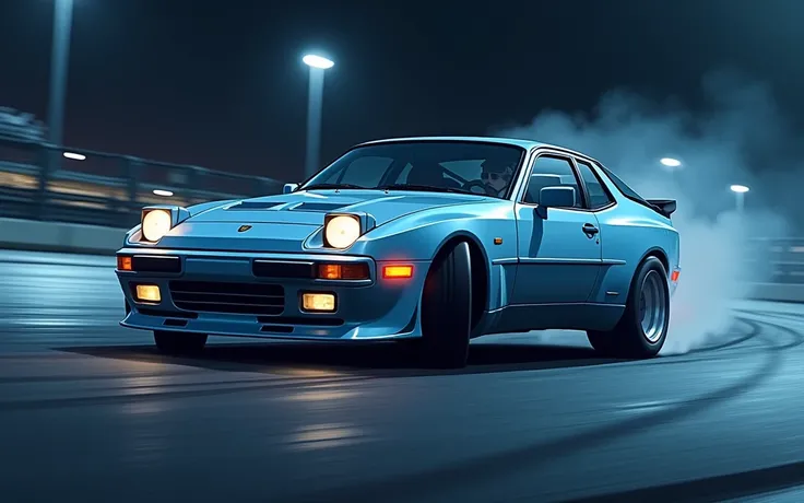 Anime ,silver-blue 1981 Porsche 944 drifting sideways on track, night