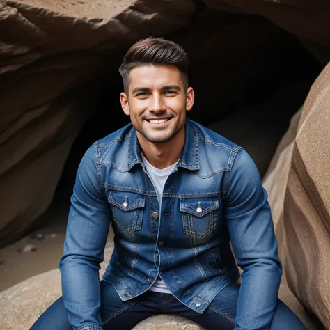 29 years old,One Man,、Muscular、Denim jacket、Black Shirt、Slim jeans、In front of the cave ,Sitting on a rock、Brown Hair。 very short hair 、 handsome fighter　Peruvian face　Stubble、View from below　smile