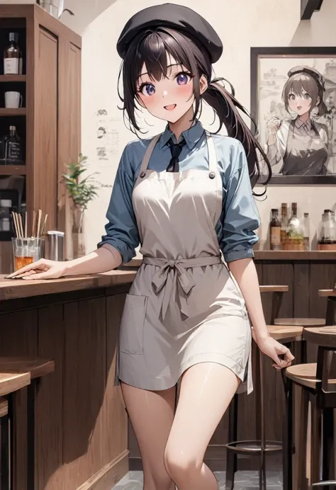 beautiful girl 、age 30、best quality、ultra-precision、detailed drawing、restaurant staff、shirt、tie、apron、beret、sharpness、 ponytail、...