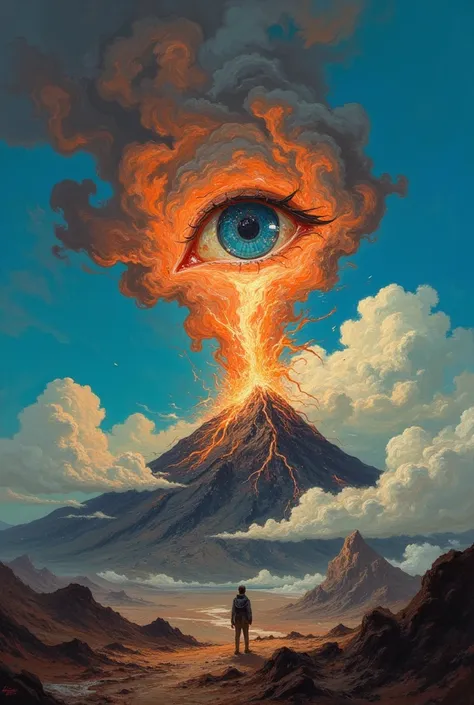 db4rz style painting, volcano erupting with eye on top, tons de azul, arte digital inspirada em cyril rolando, surrealismo, port...