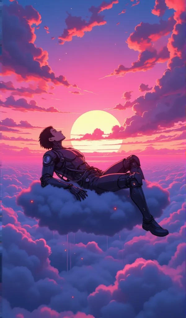 a man. 
dressed in a futuristic outfit ,  robotics, exposed wires .
mirror effect .
 he is lying on a cloud in the sky.
 in the ...