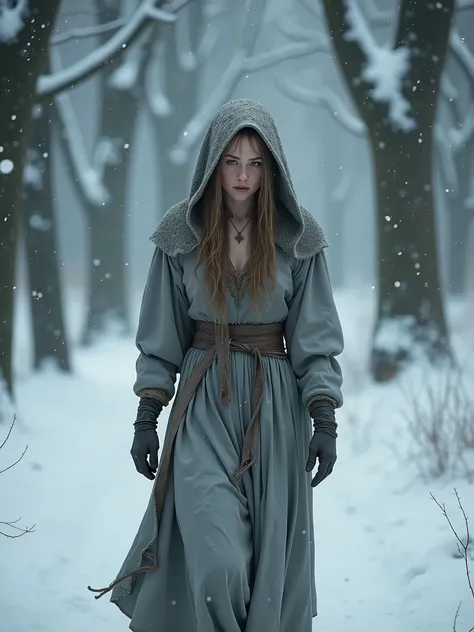 beautiful woman dressed in ragged gray medieval dress walking with a sad expression through a dense forest, winter, snow and blizzard, surrounding trees are covered with a layer of snow, high detail shape, cinematic style