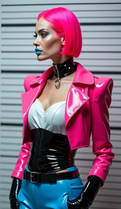 angelina jolie, vue de profil, latex brillant, dominatrice, chemisier en latex blanc, serre taille latex noir, costume pantalon en latex bleu, ceinture latex noir, futuriste veste courte en latex rose fluo, larges épaulettes en latex rose fluo, cuissardes ...