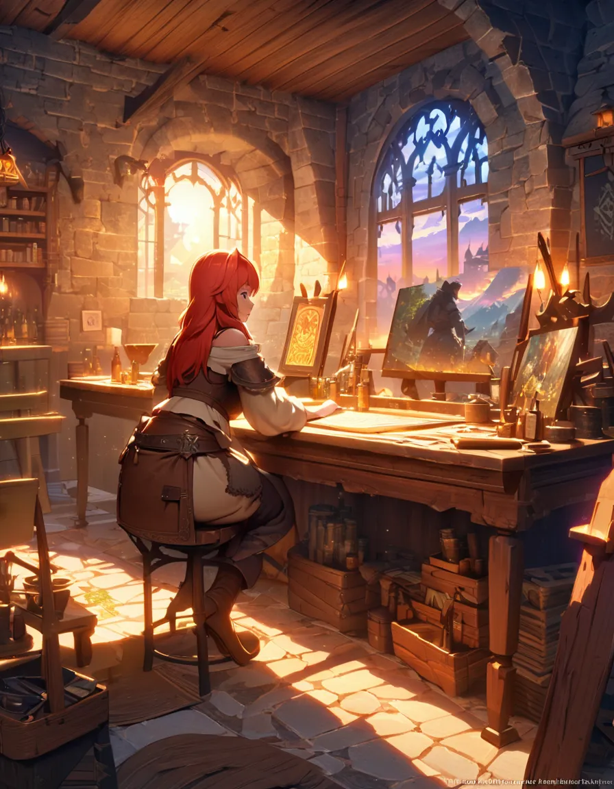 Young redhead woman, Medieval Tales Tavern, Intricately Painted Colourful Interior , Detailed intense sunrise light, Best Geometry,  Award-winning masterpiece , Super complex shadows and lighting,  BEST WRITING, Best Shadow, Complex and busy setup,  trending at art stations,   Global Illumination  , Self-luminous,   bioluminescence , Mid-Journey Style,  Art by Albert Bierstadt