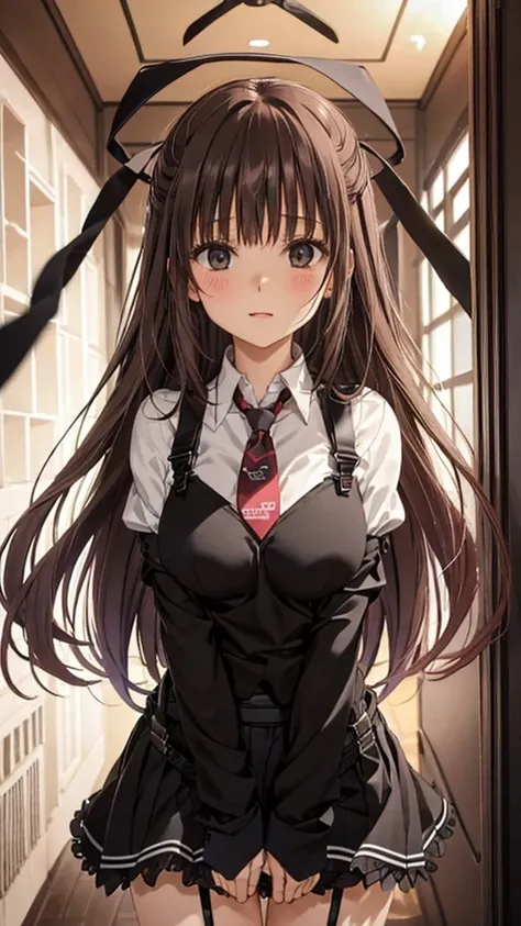 brown hair、watching at viewers　　　black suspenders　　　bulging big breasts　　 　 　　　walls: 　black miniskirt　garters　　　　　　gaze　　　small...