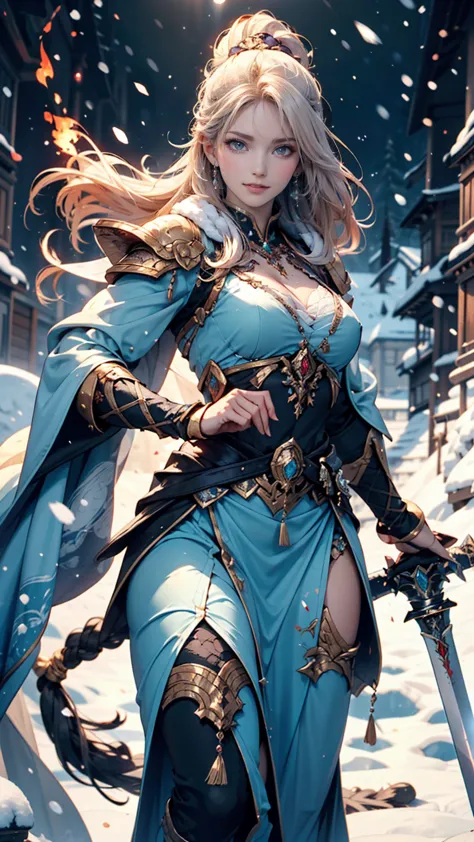 draw the sword of snowy mountain, woman holding an ancient style cold ice flame sword, a sword blazing with blue flames in hand,...