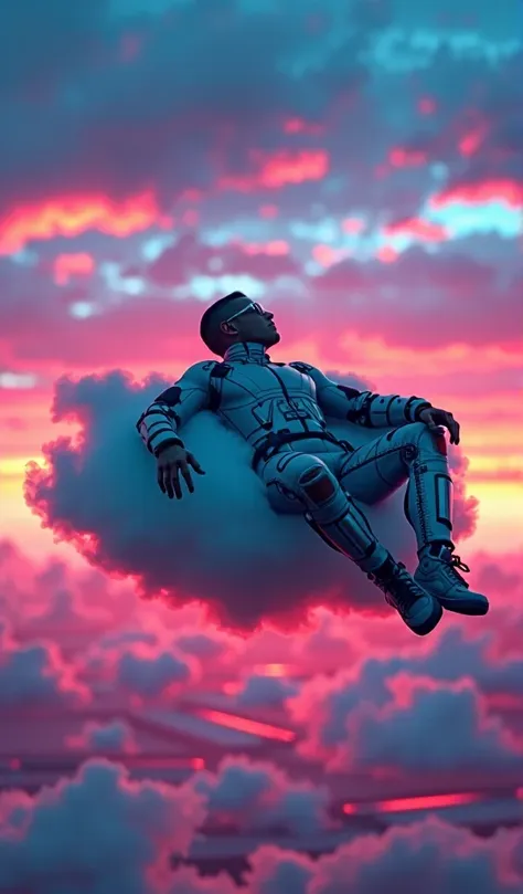 a man. 
dressed in a futuristic outfit ,  robotics, exposed wires .
mirror effect .
 he is lying on a cloud in the sky.
 in the ...