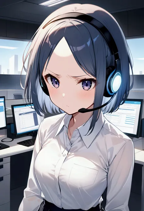  Group 2 Operator ,  wearing a white business shirt and dark blue business tight skirt ,  headset, Hair Color：black, Hairstyle:(bangs: with the forehead sticking out and dividing it into the center, Hair back:One curled short hair ), bangsを中心で分けている,Woman w...