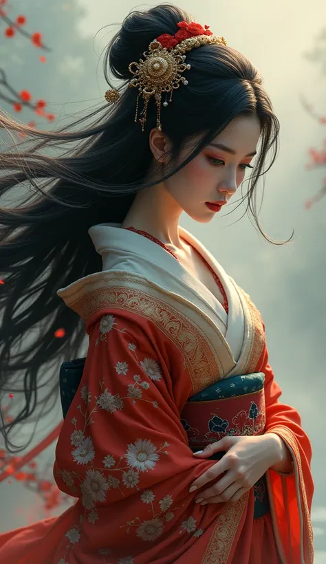 sensual geisha long hair in the wind