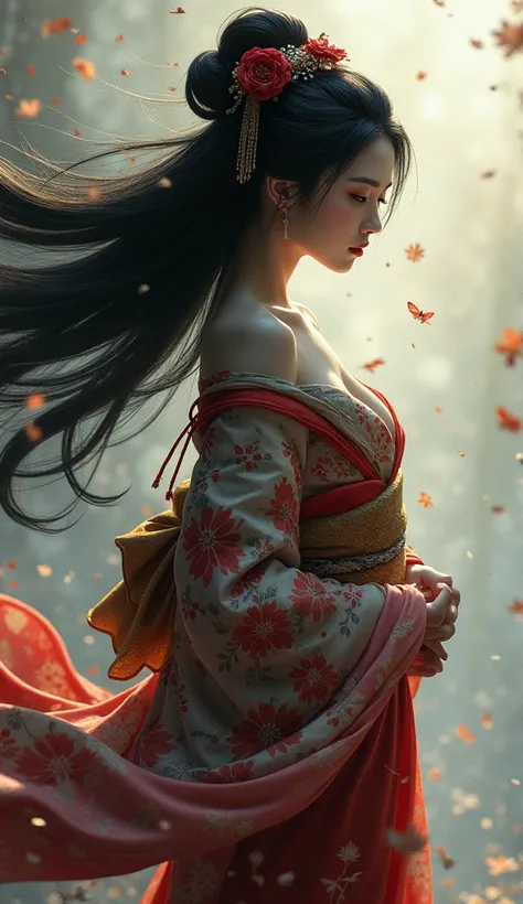 sensual geisha long hair in the wind