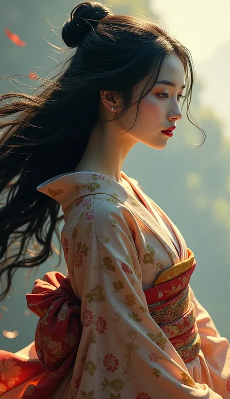 sensual geisha long hair in the wind