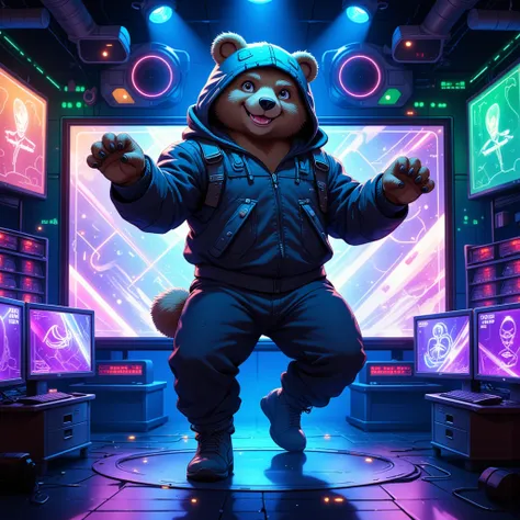 a futuristic, cyber-themed scene featuring a virtual idol—a bear humanoid male—displayed on a large monitor within a high-tech, ...