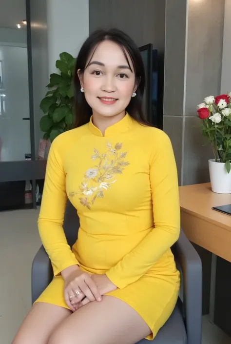 The girl was sitting at the table drinking water, wearing a yellow Romanian ao dai, her 2 hands supporting her sharp curvaceous hips.