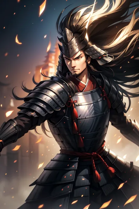 armored１people men, intence serious, make it chaotic and evil, hanfu, wearing light armor, long hair, black hair, hair spread ou...