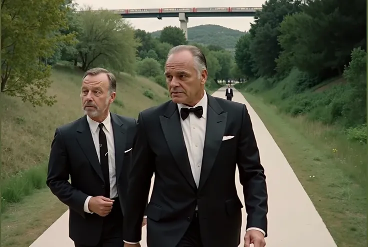 The future, two men in costumes go through the park, one large Marlon Brando, the other thin and cunning, over the trees of the overpass of high -speed trains.